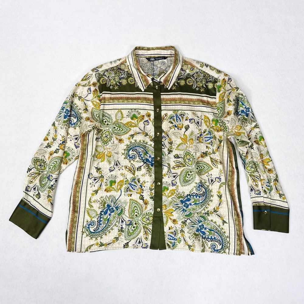 Zara Multicolor Paisley Button-Front Blouse with Olive Accents